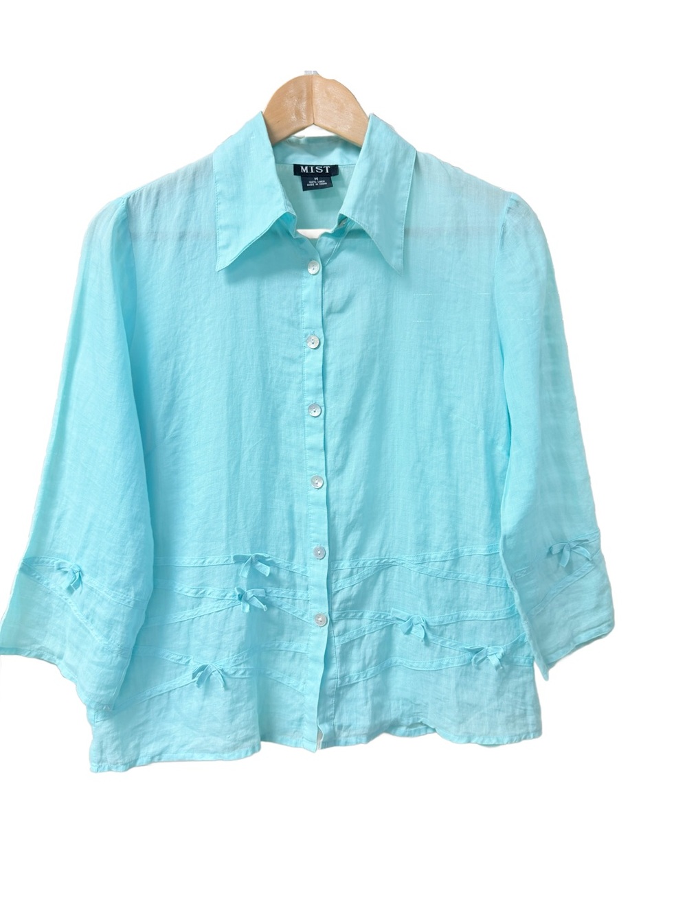 MIST Vintage Aqua Blue 100% Linen Bow Accent Button Down Shirt M Coquette Girl